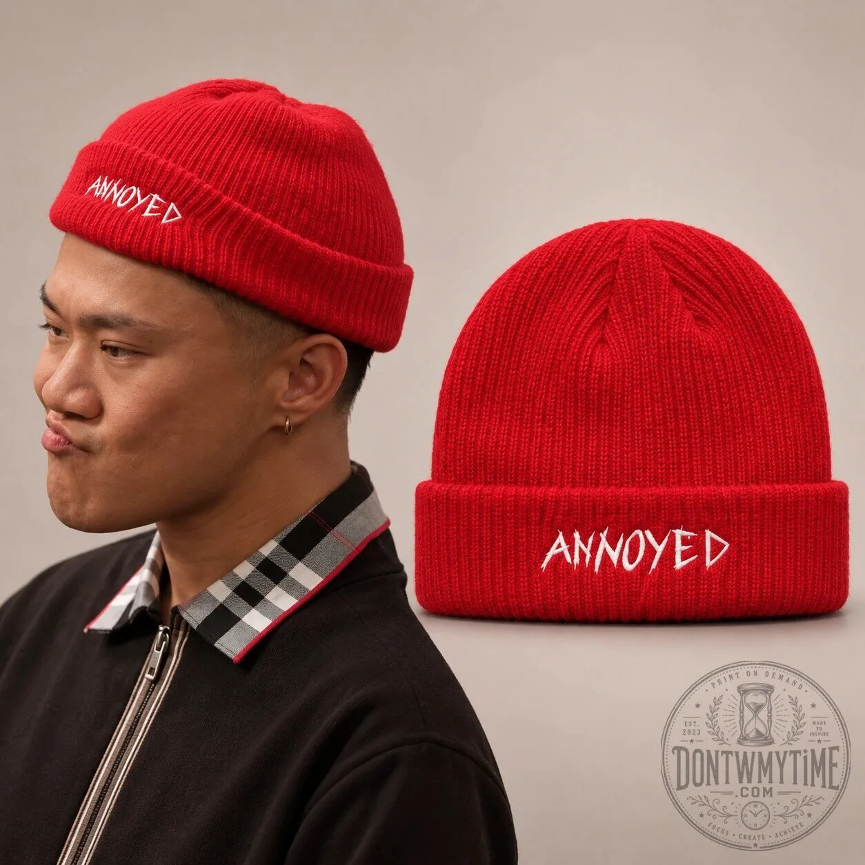 George Tim Chantarangsu Red Annoyed Beanie Hat 7 George Tim Chantarangsu Red Annoyed Beanie Hat product image showing design and details