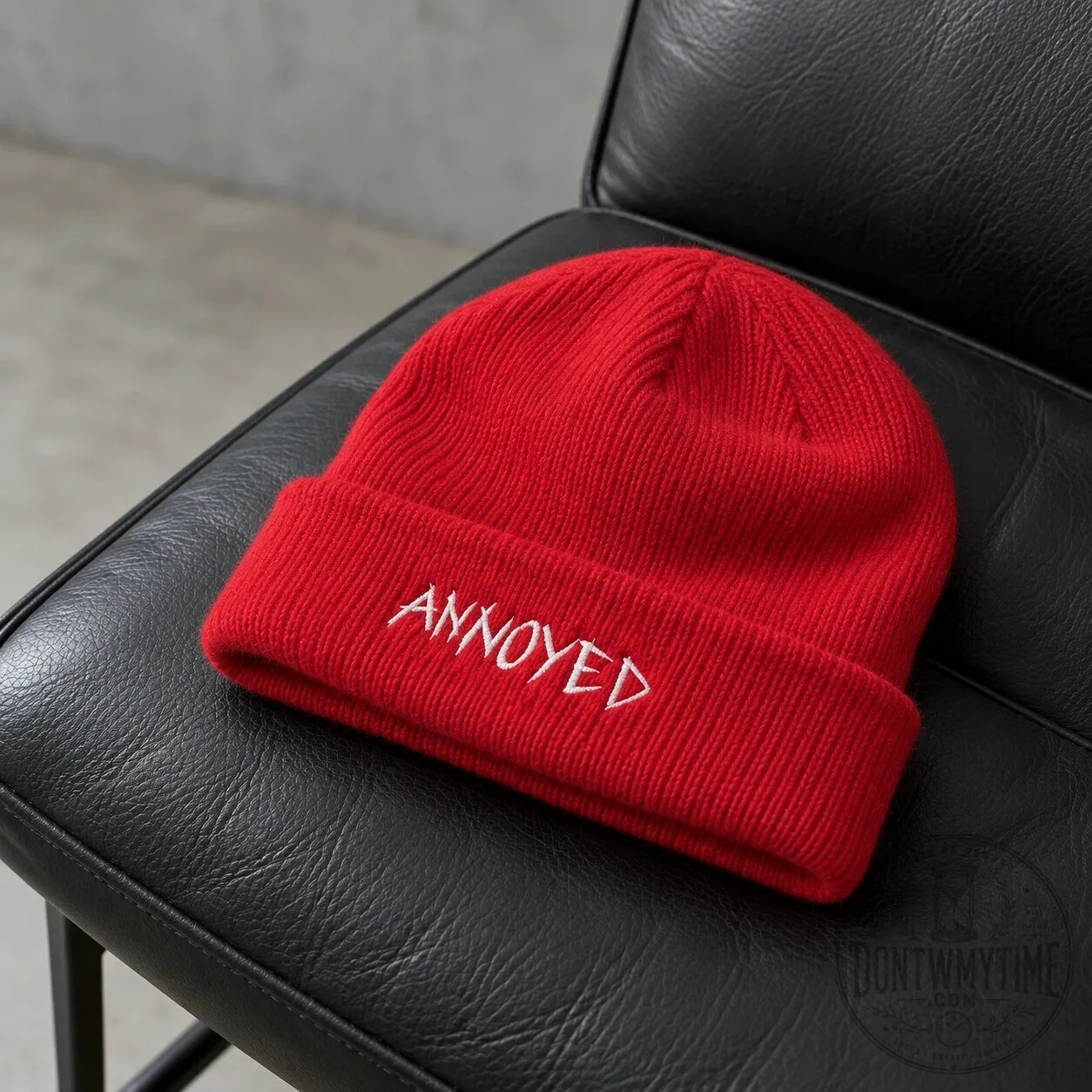 George Tim Chantarangsu Red Annoyed Beanie Hat 8 George Tim Chantarangsu Red Annoyed Beanie Hat product image showing design and details