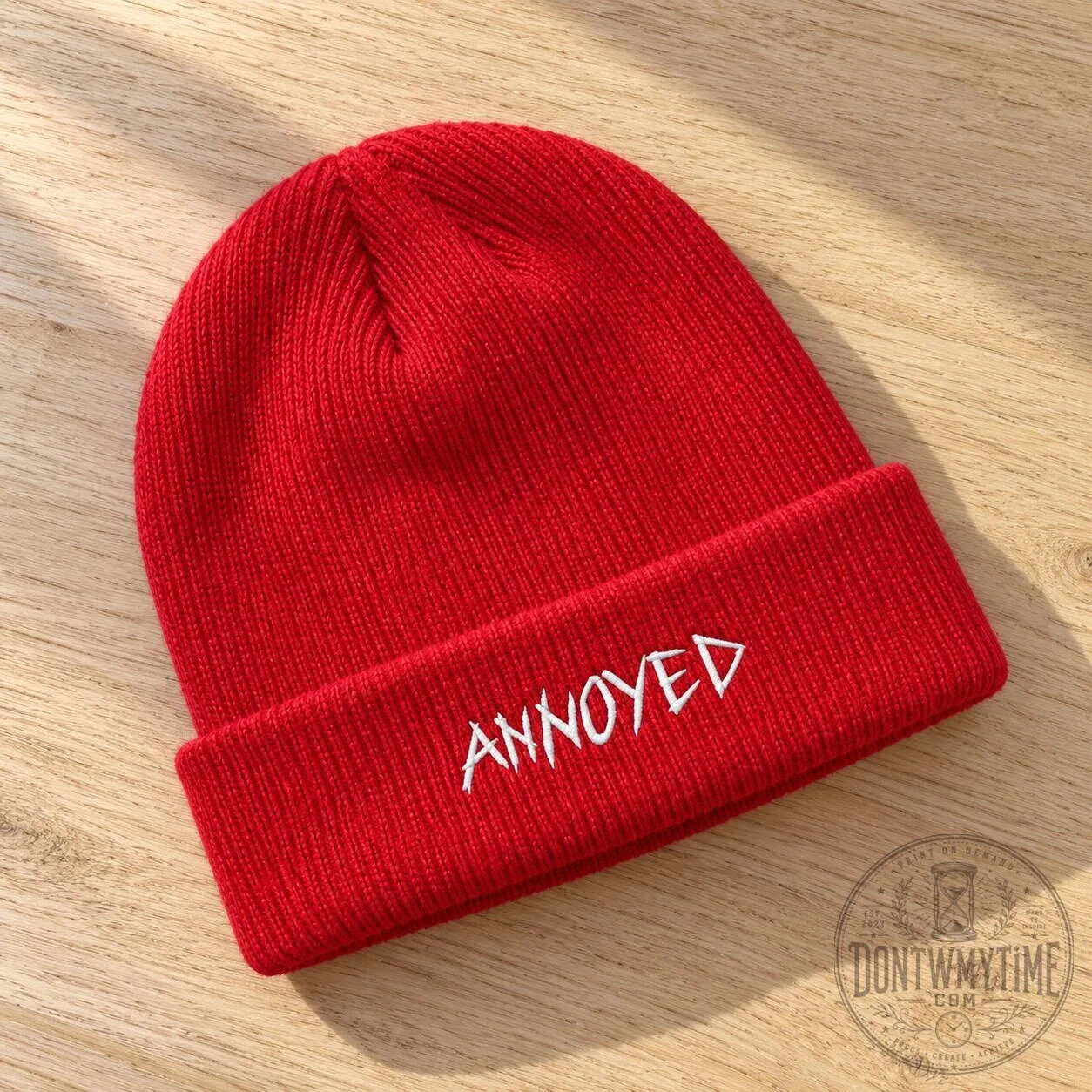 George Tim Chantarangsu Red Annoyed Beanie Hat 9 George Tim Chantarangsu Red Annoyed Beanie Hat product image showing design and details