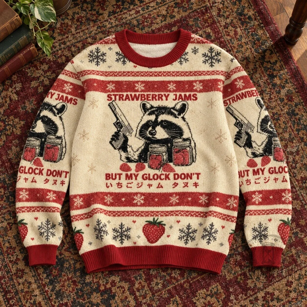 Strawberry Jams But My Glock Don't Tanuki Raccoon Ugly Christmas Sweater 5 Strawberry Jams But My Glock Don't Tanuki Raccoon Ugly Christmas Sweater