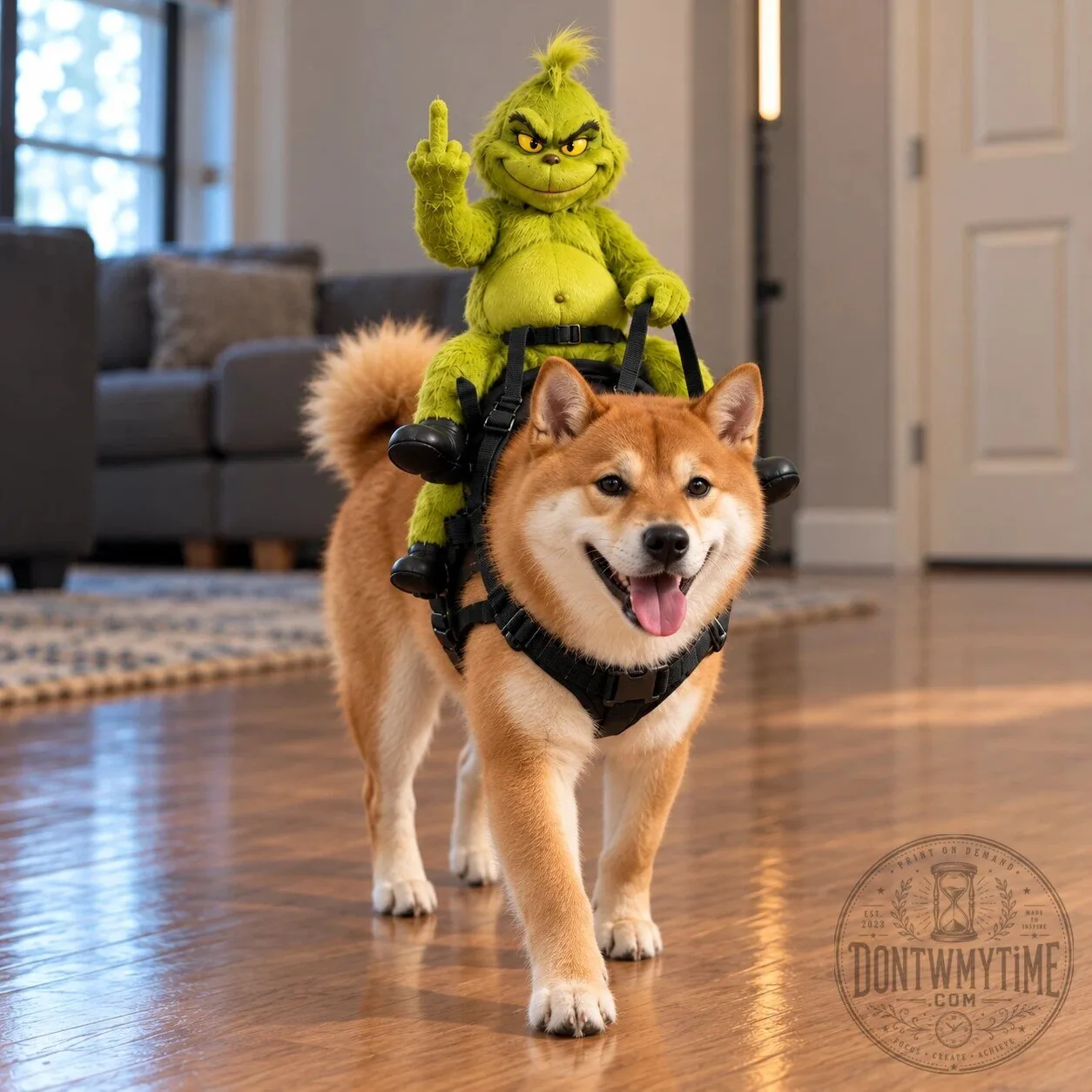 Grumpy Rider Grinch Dog Harness Funny Costume With Middle Finger Gesture