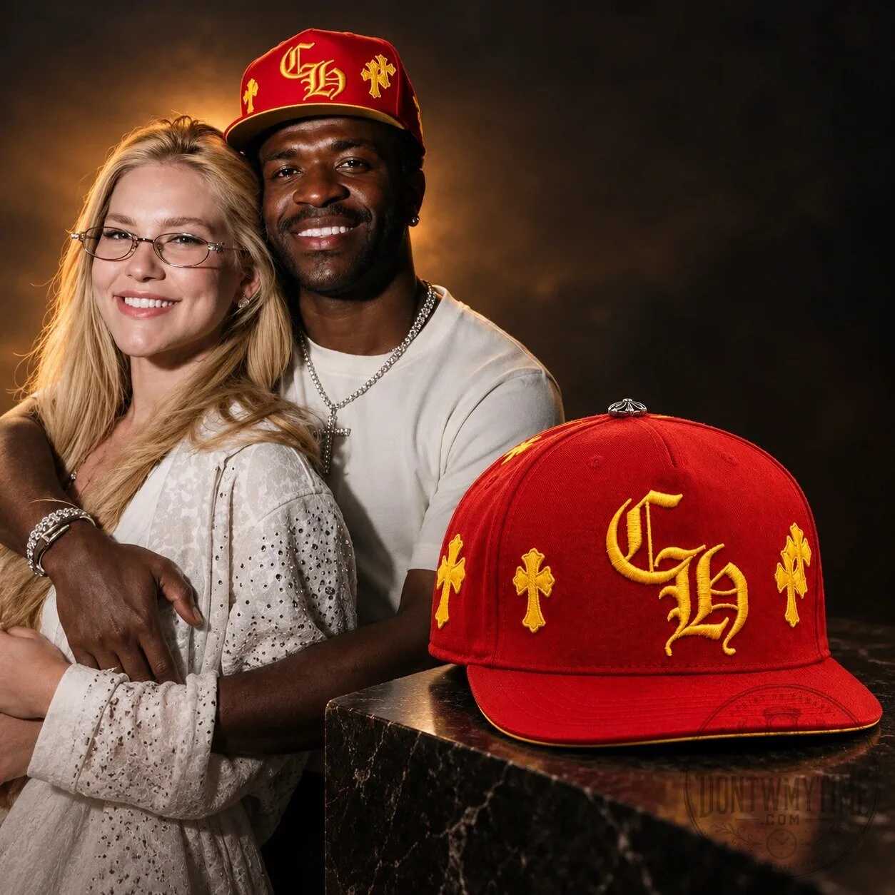 Vini Jr & Virginia Chrome Hearts Red Yellow Leather Cross Patch Hat