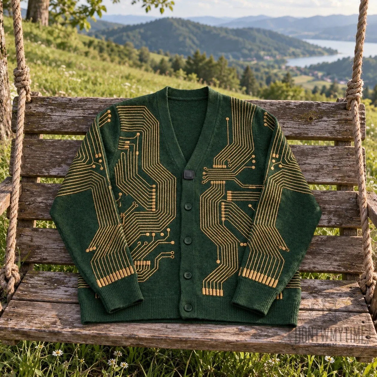 Circuit Cardigan Green Knitted Board Graphic V-Neck Sweater