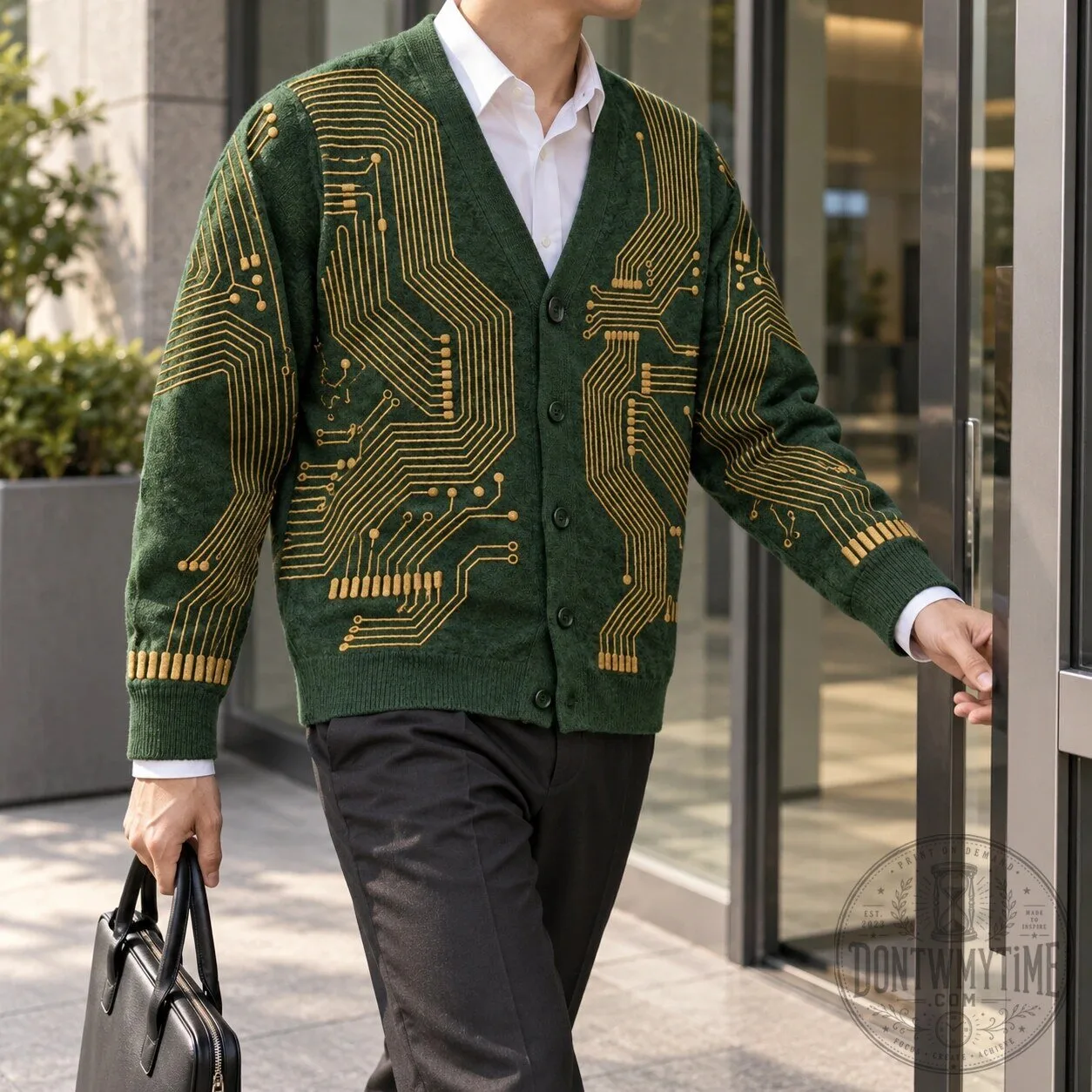 Circuit Cardigan Green Knitted Board Graphic V-Neck Sweater 10 Circuit Cardigan Green Knitted Board Graphic V-Neck Sweater product image showing design and details