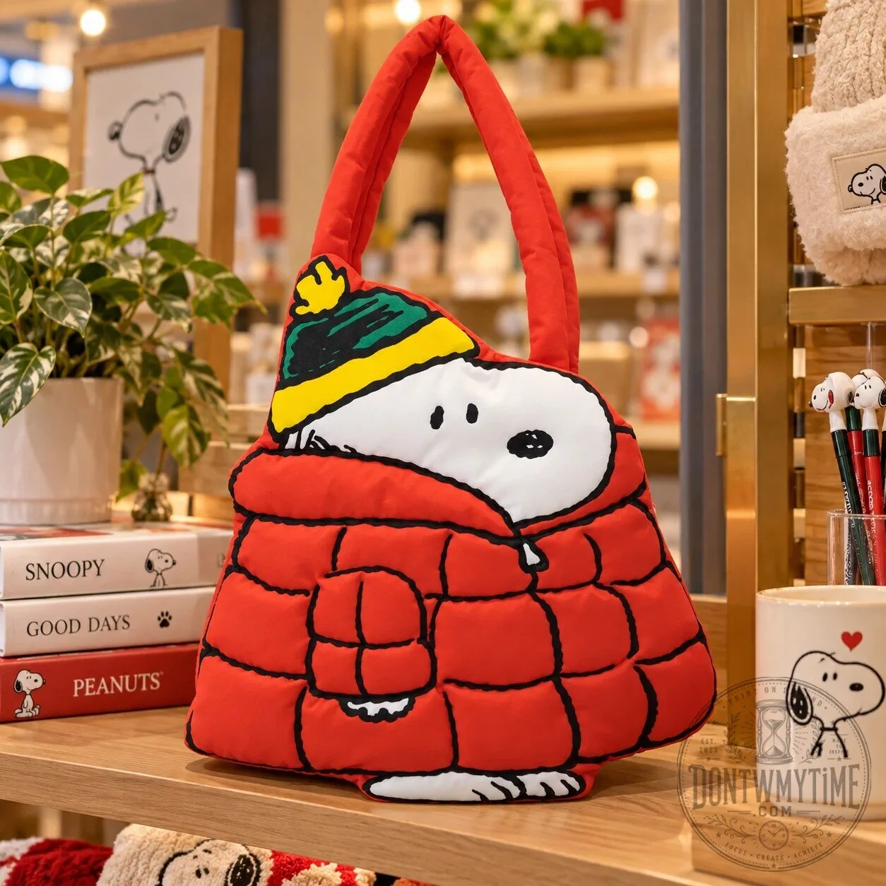Peanuts Oversized Puffer Red Winter Snoopy Padded Tote Bag