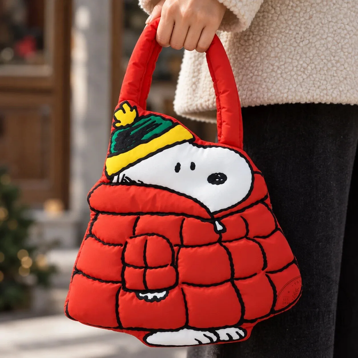 Peanuts Oversized Puffer Red Winter Snoopy Padded Tote Bag 9 Peanuts Oversized Puffer Red Winter Snoopy Padded Tote Bag product image showing design and details