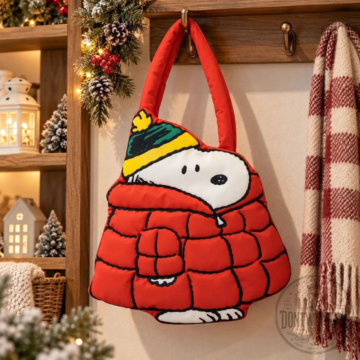 Peanuts Oversized Puffer Red Winter Snoopy Padded Tote Bag 10 Peanuts Oversized Puffer Red Winter Snoopy Padded Tote Bag product image showing design and details