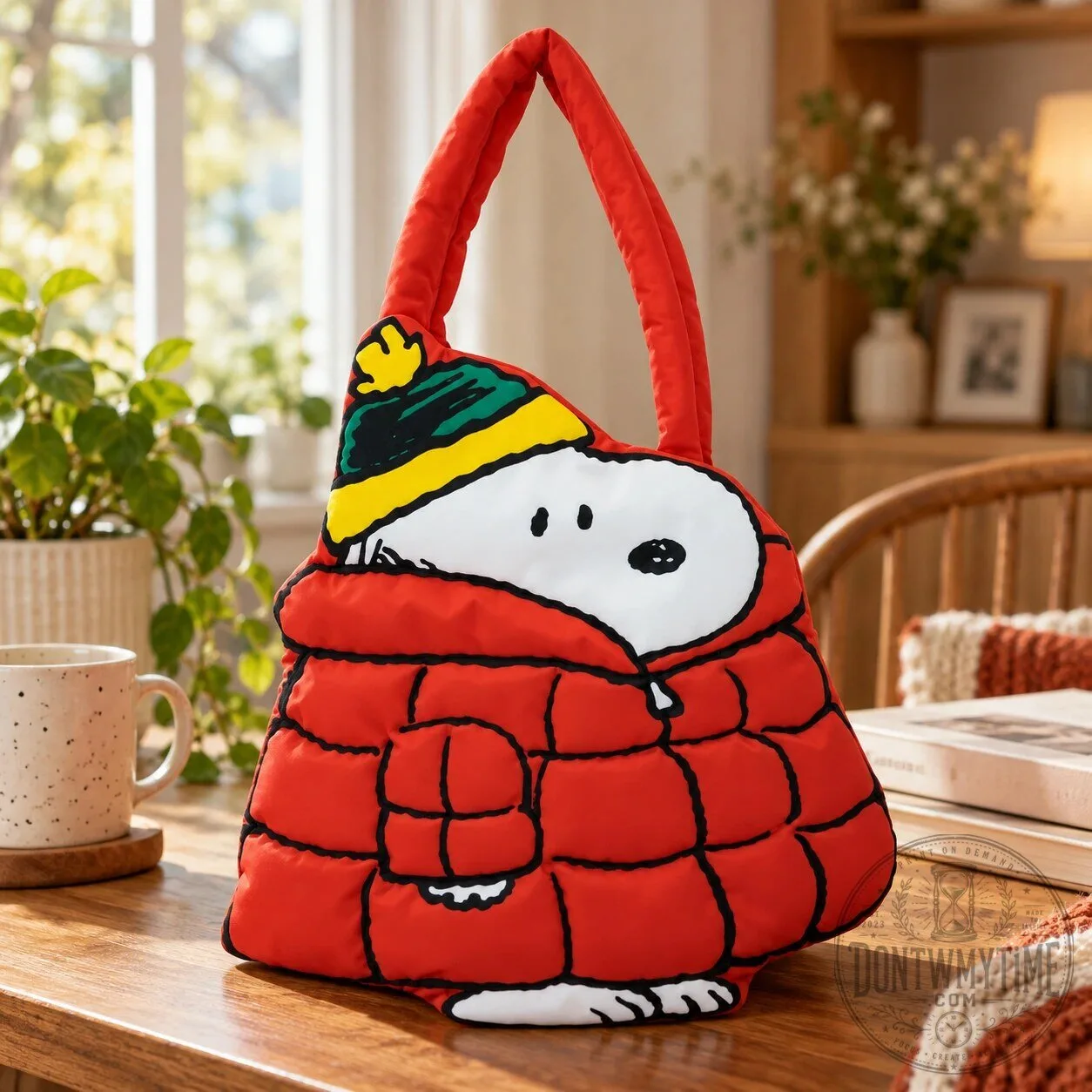 Peanuts Oversized Puffer Red Winter Snoopy Padded Tote Bag 11 Peanuts Oversized Puffer Red Winter Snoopy Padded Tote Bag product image showing design and details