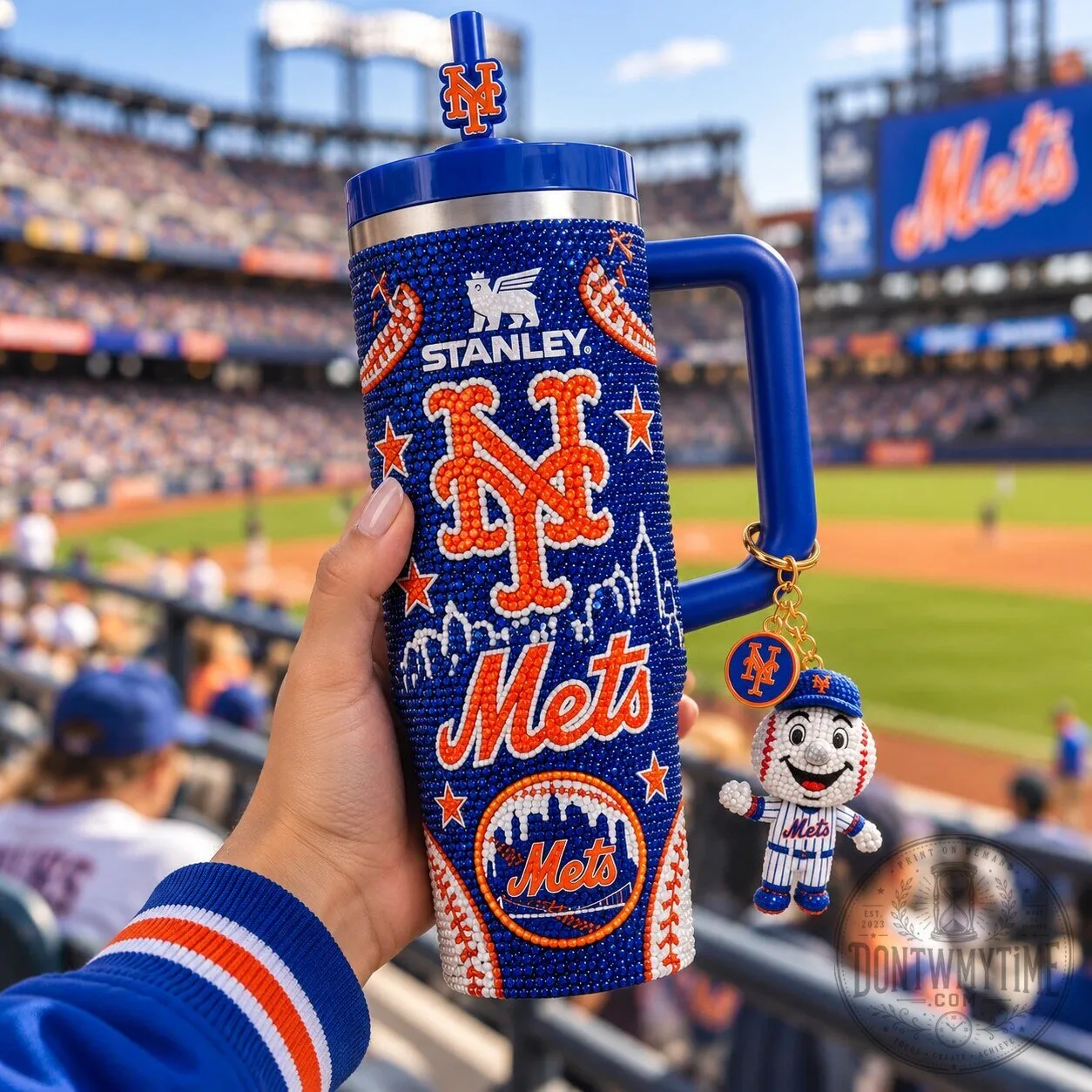 New York Mets Rhinestone Tumbler 40oz Stainless Steel Mug 9 New York Mets Rhinestone Tumbler 40oz Stainless Steel Mug product image showing design and details
